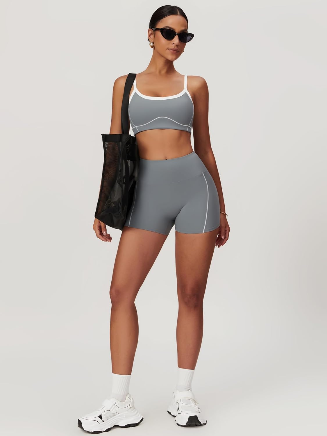 两件套女式锻炼套装拼色运动文胸和提臀短裤健身房瑜伽运动服装