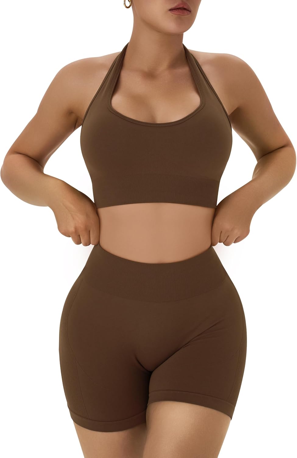 OLCHEE 女士健身套装 2 件套露背挂脖运动胸罩高腰提臀短裤瑜伽健身服休闲运动服