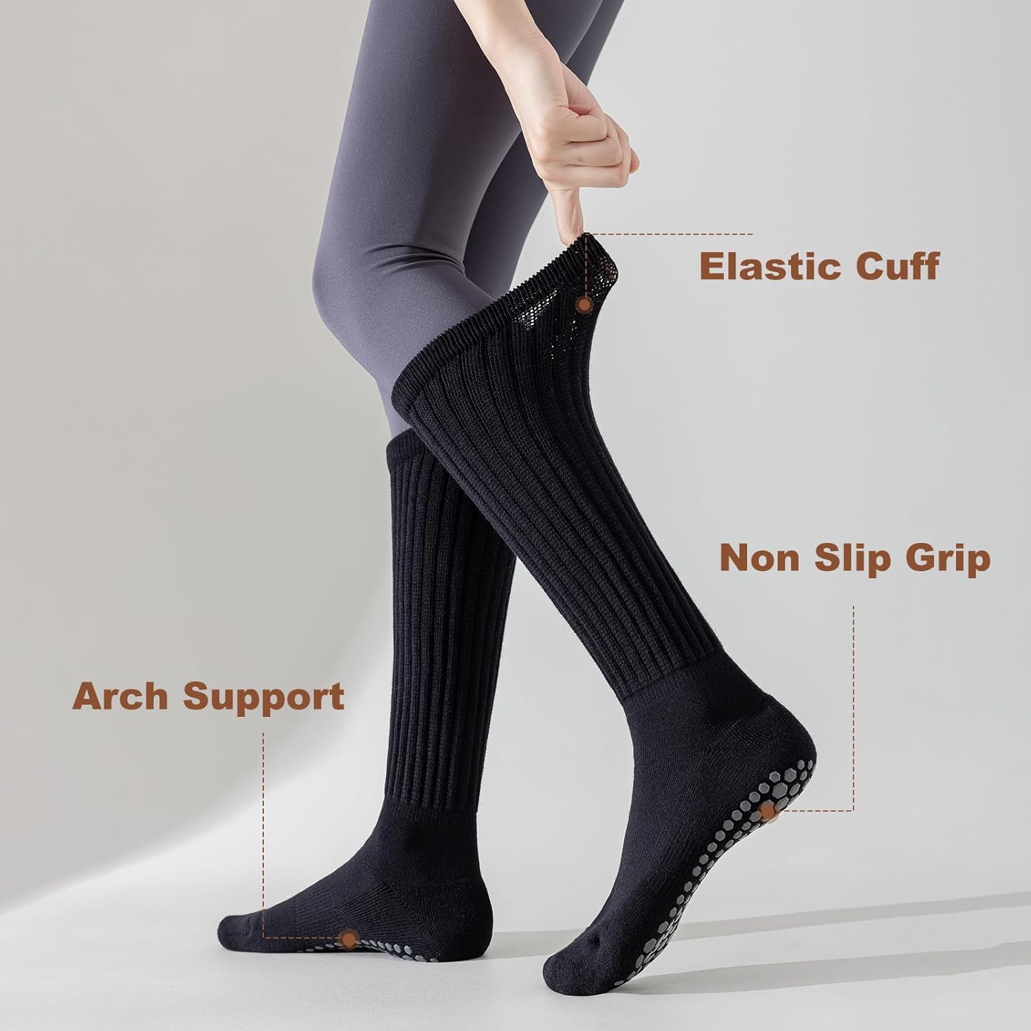 Pilates Socks with Grips for Women, 3 Pairs Long Scrunch Non Slip Yoga Barre Workout Slouch Socks