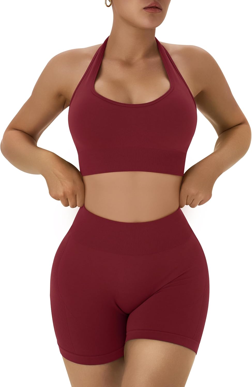 OLCHEE 女士健身套装 2 件套露背挂脖运动胸罩高腰提臀短裤瑜伽健身服休闲运动服