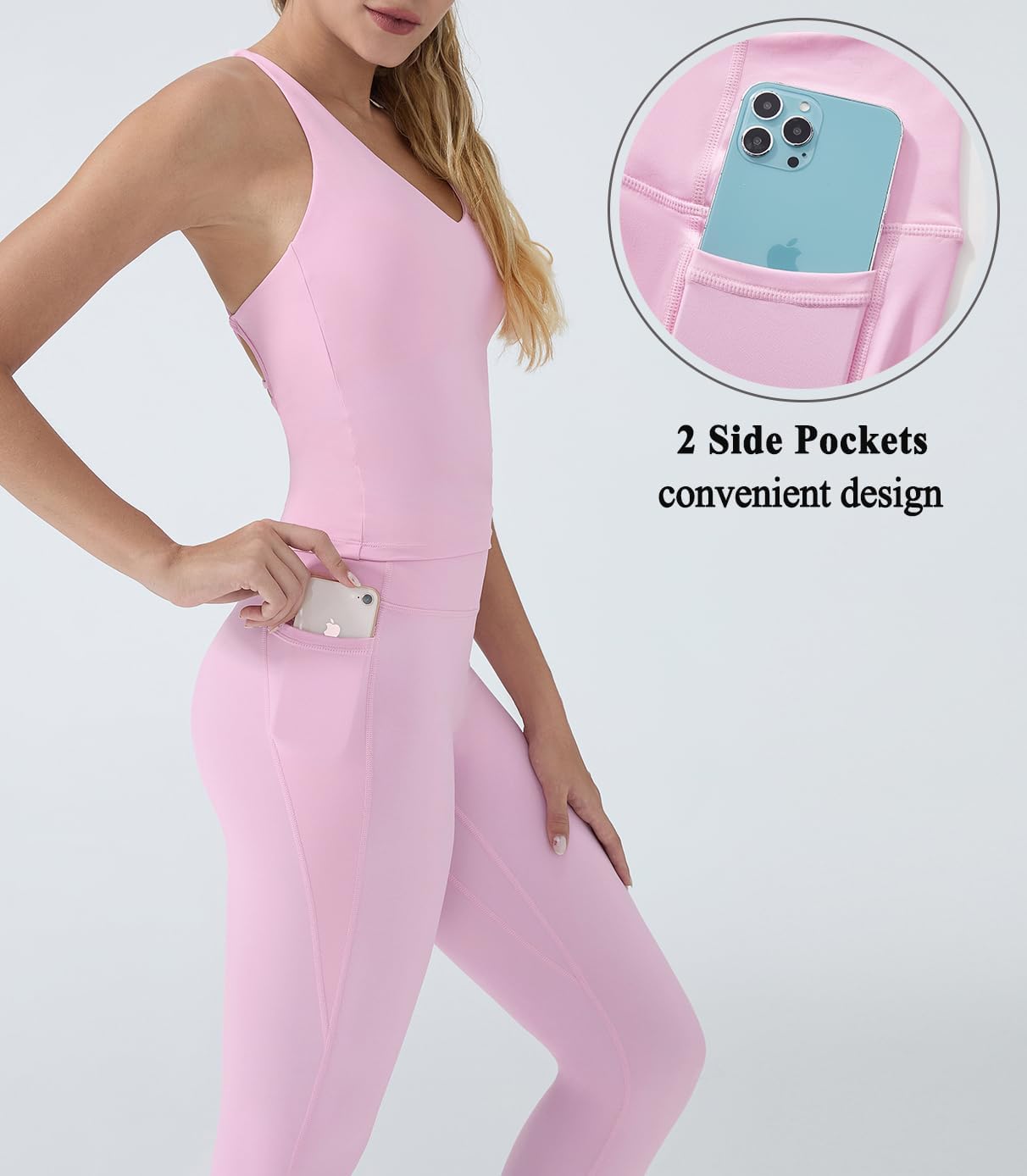 OMKAGI 2 件套女士健身套装,加垫健身上衣,带口袋,健身套装