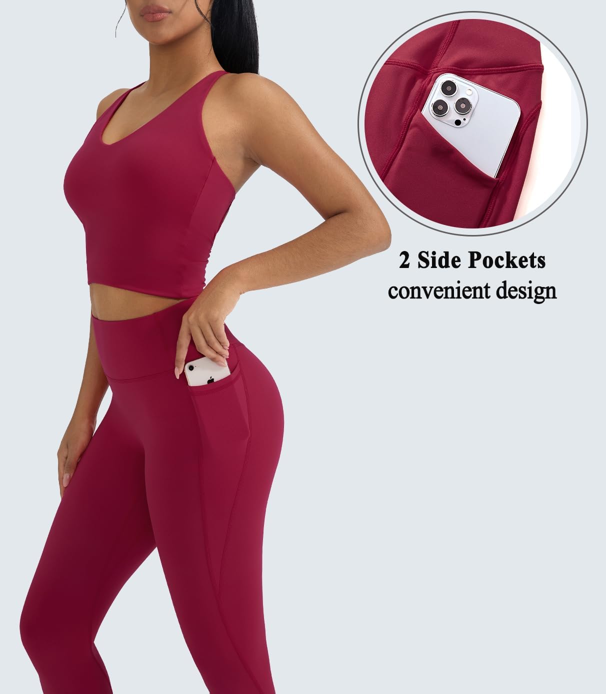 OMKAGI 2 件套女士健身套装,加垫健身上衣,带口袋,健身套装