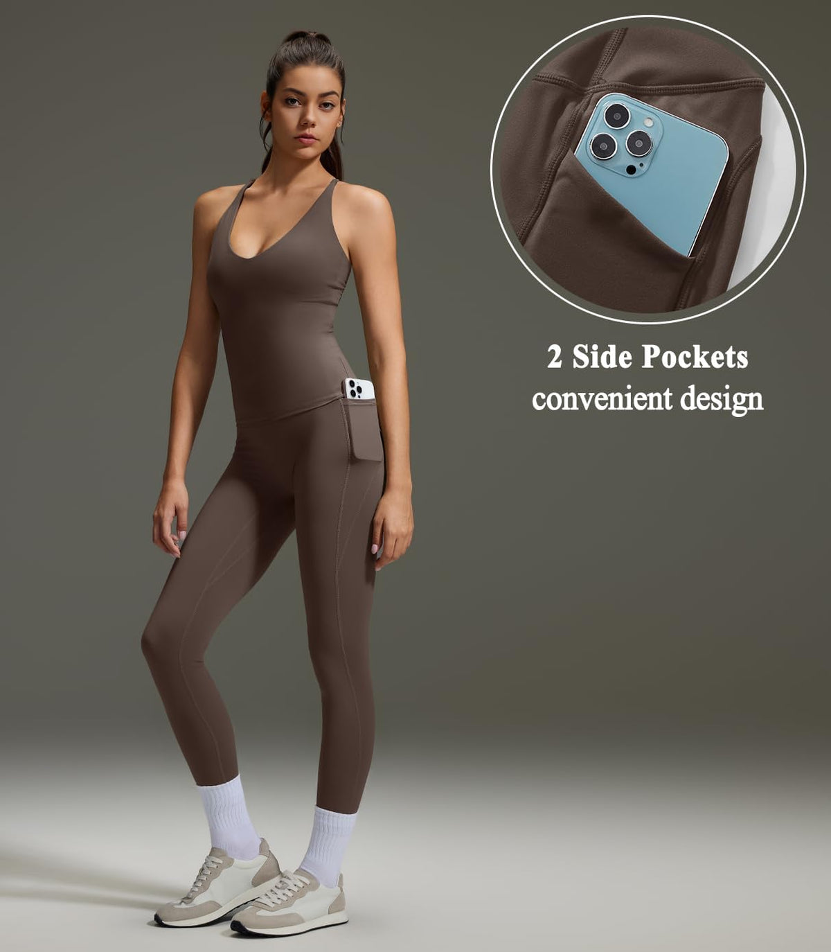 OMKAGI 2 件套女士健身套装,加垫健身上衣,带口袋,健身套装