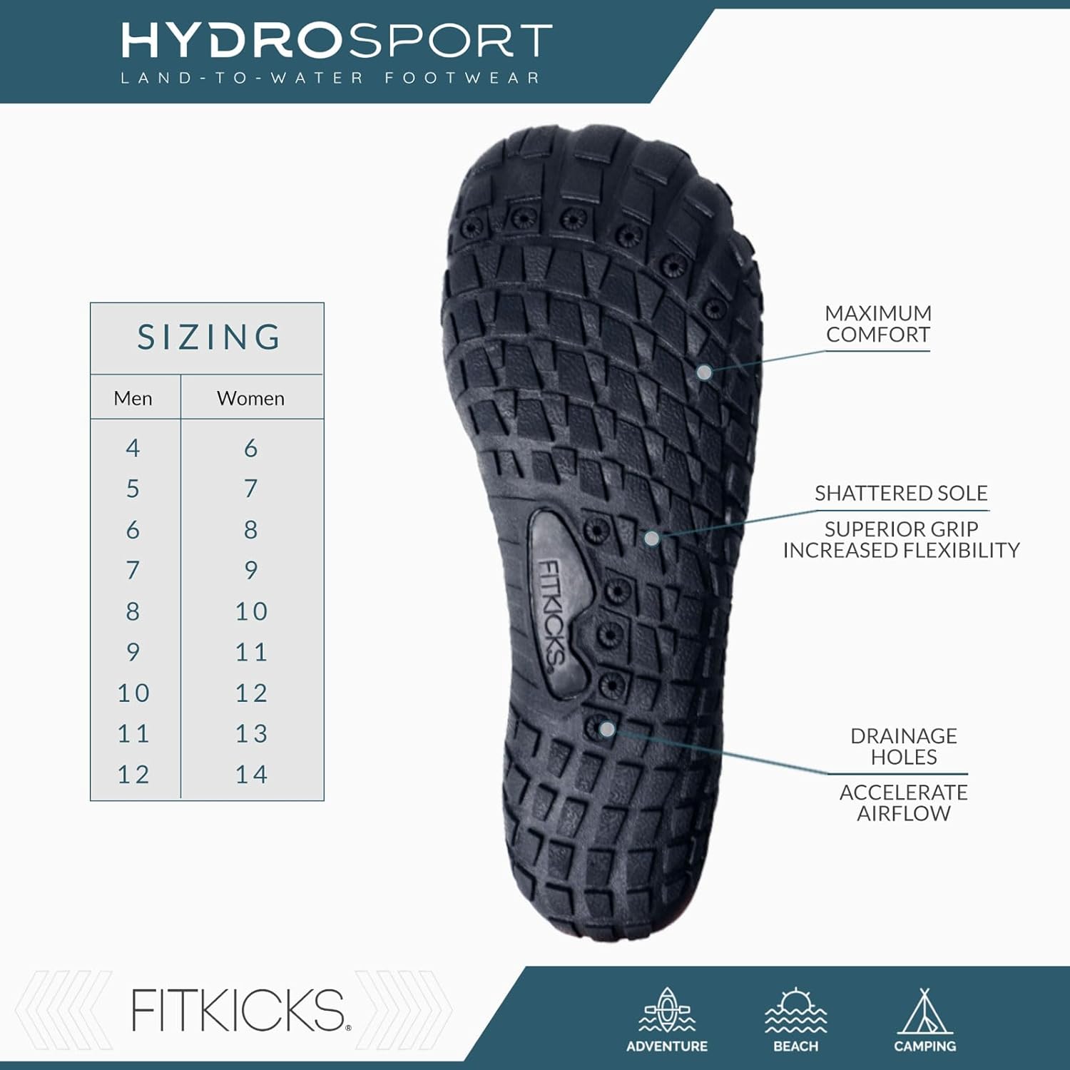 FITKICKS HydroSport 陆到水鞋,中性赤脚鞋,适合海滩、瑜伽、冲浪、露营配饰,男女皆宜的多功能赤脚鞋