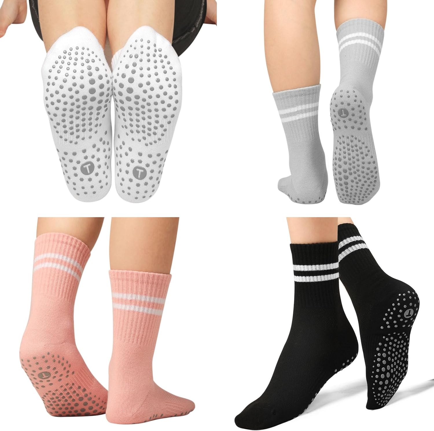 Toes Home 女式普拉提袜带防滑抓手,瑜伽船员袜适用于巴雷医院粘性拖鞋袜 4 双装
