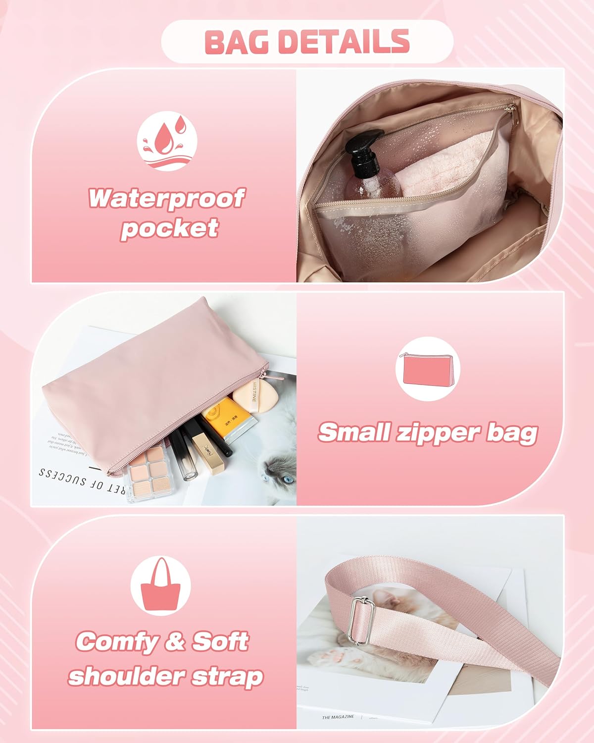 小号健身包,带瑜伽垫支架,湿口袋和一个独立袋,小号健身行李袋,带可拆卸斜挎肩带,粉色