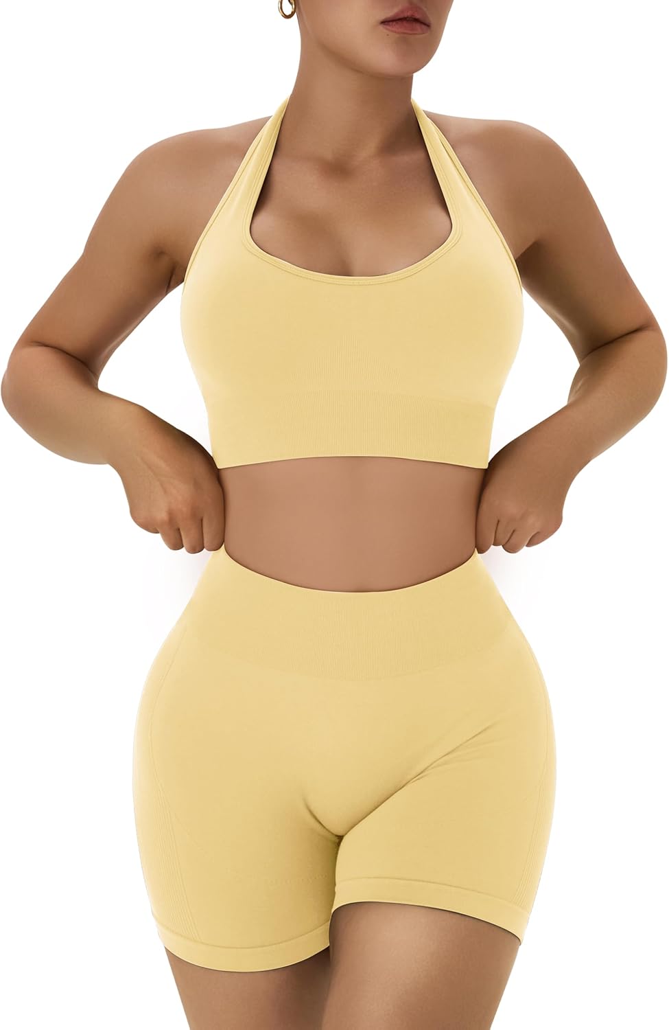 OLCHEE 女士健身套装 2 件套露背挂脖运动胸罩高腰提臀短裤瑜伽健身服休闲运动服