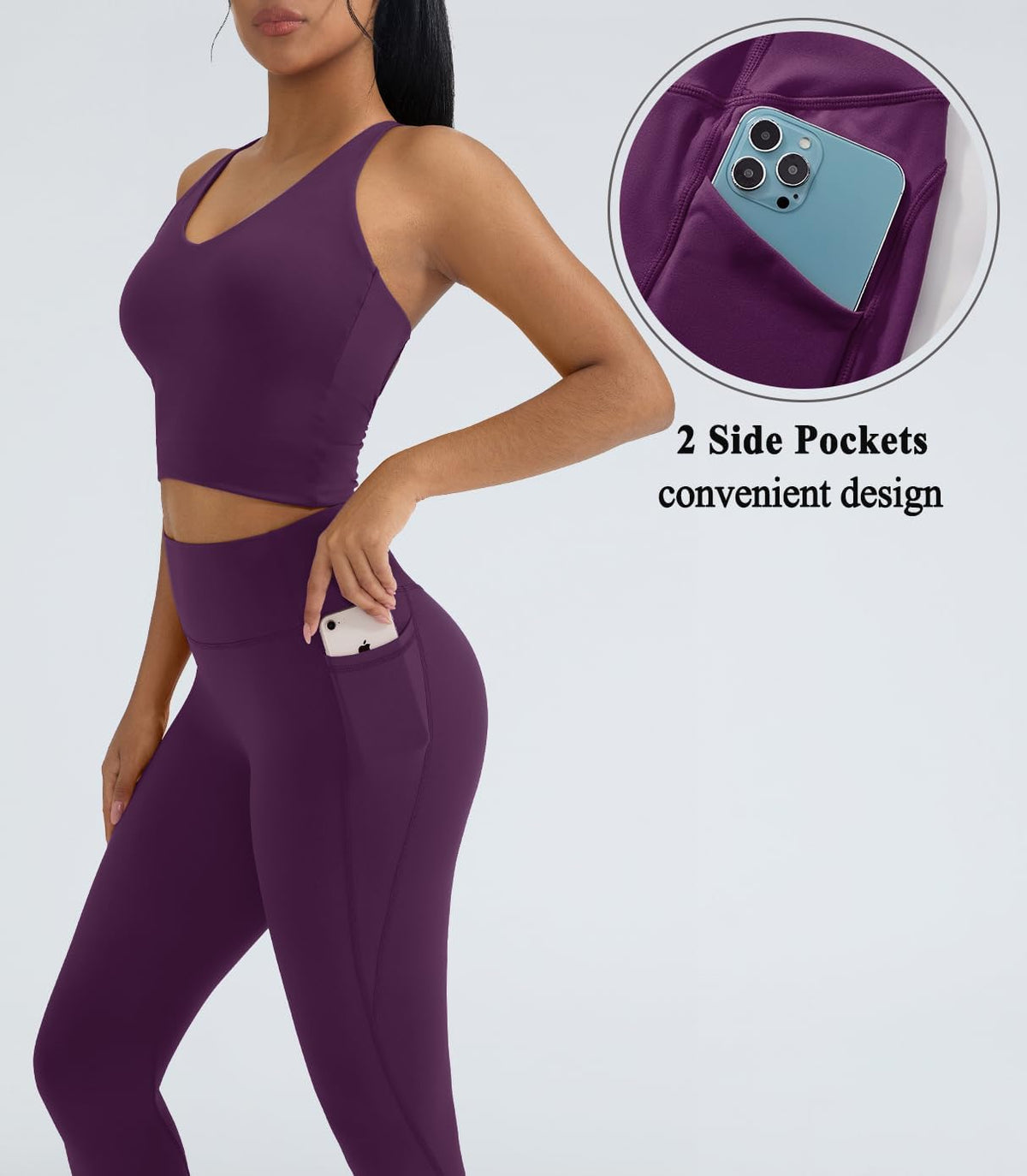 OMKAGI 2 件套女士健身套装,加垫健身上衣,带口袋,健身套装