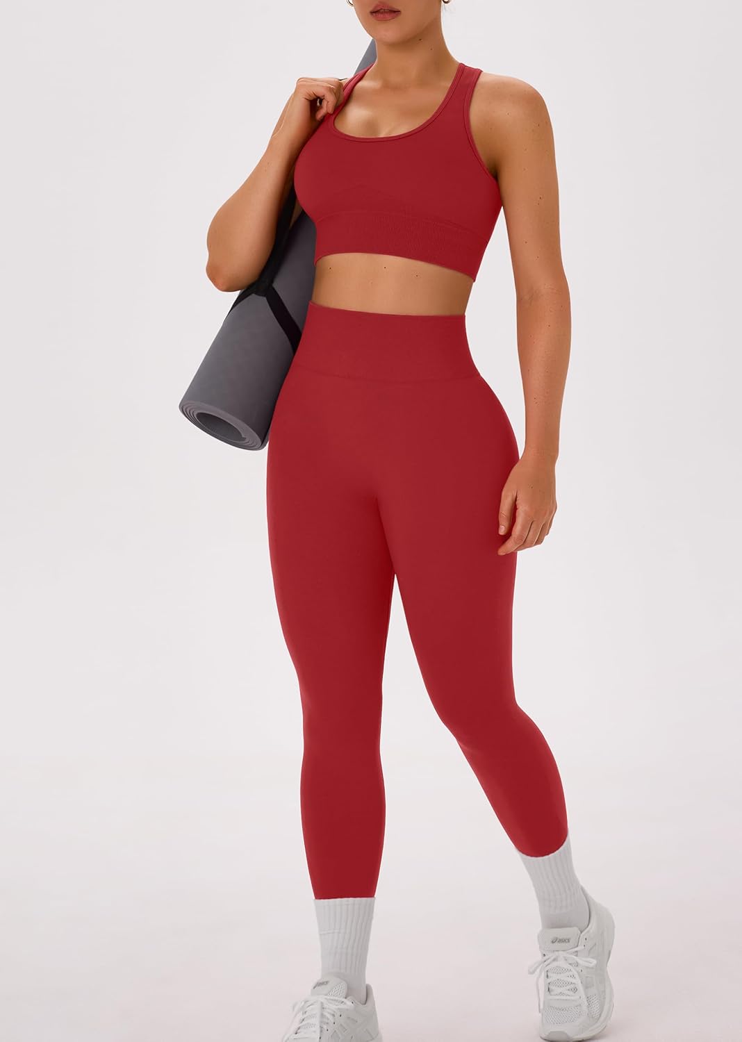 OLCHEE 女式锻炼套装 2 件套 - 酸洗无缝瑜伽服高腰打底裤加垫工字背心运动文胸健身房套装