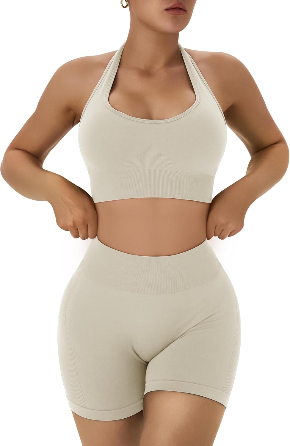 OLCHEE 女士健身套装 2 件套露背挂脖运动胸罩高腰提臀短裤瑜伽健身服休闲运动服