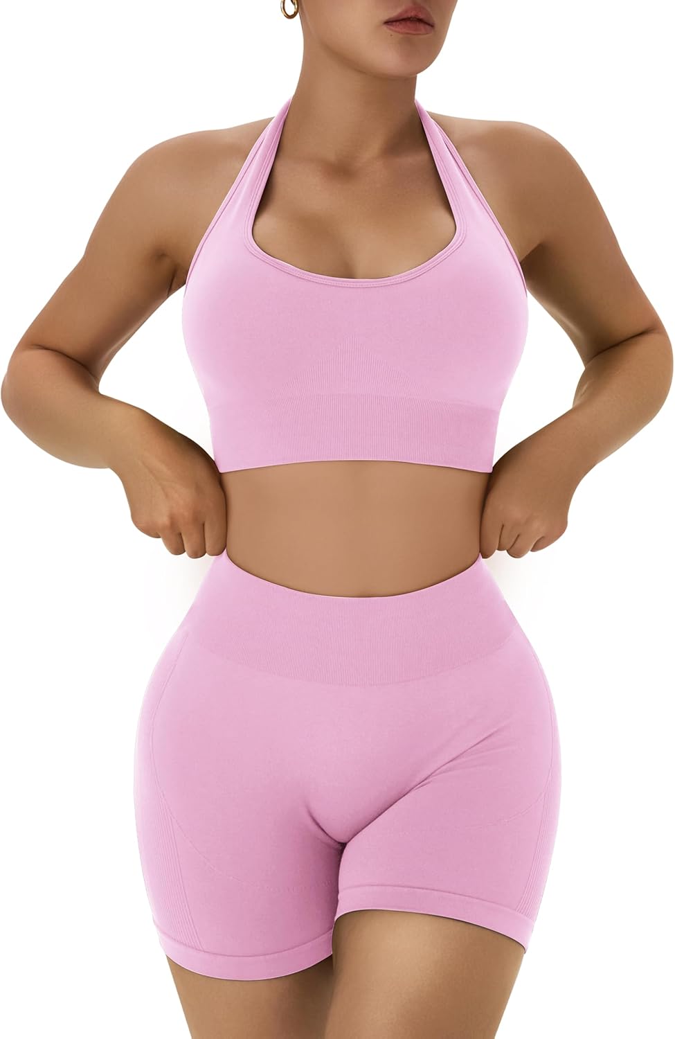 OLCHEE 女士健身套装 2 件套露背挂脖运动胸罩高腰提臀短裤瑜伽健身服休闲运动服