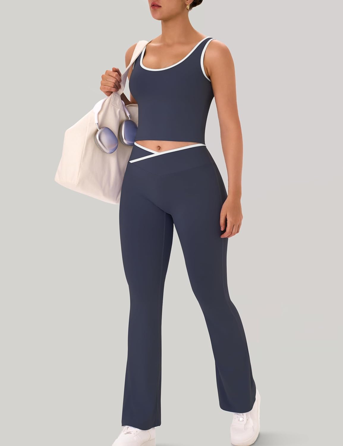 OLCHEE 女式锻炼套装 2 件套健身房瑜伽服装交叉喇叭打底裤露脐背心带撞色饰边