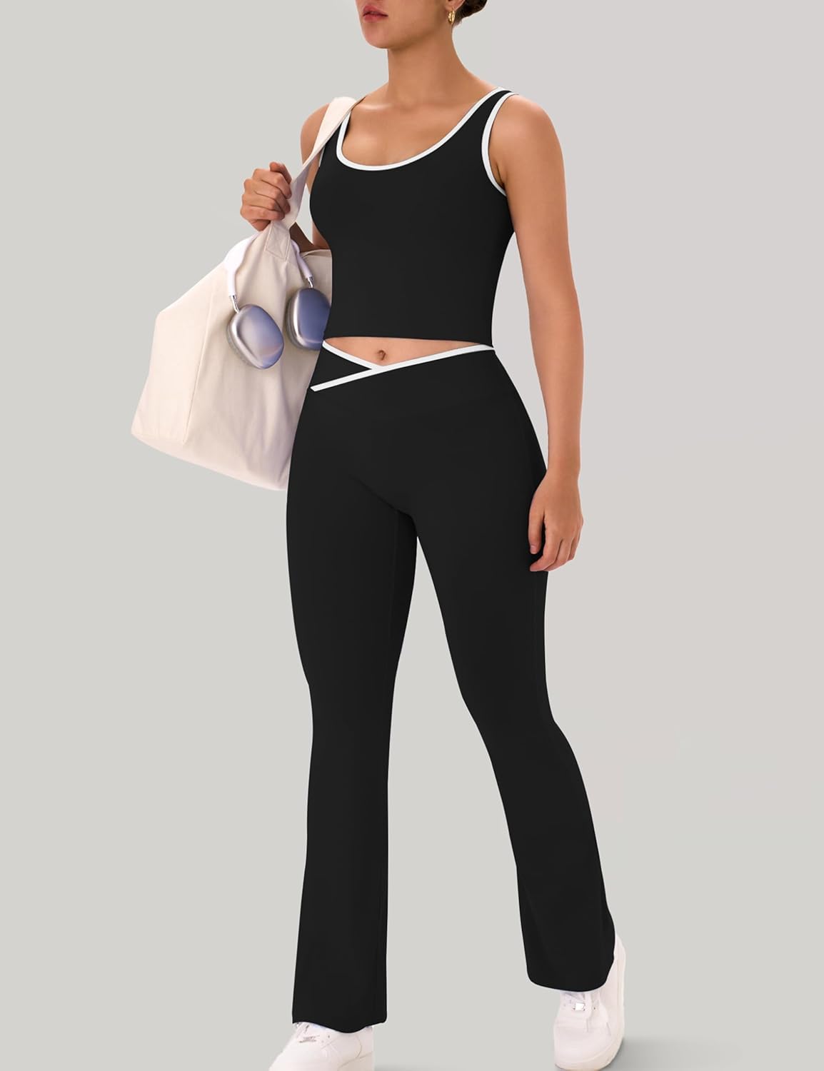 OLCHEE 女式锻炼套装 2 件套健身房瑜伽服装交叉喇叭打底裤露脐背心带撞色饰边