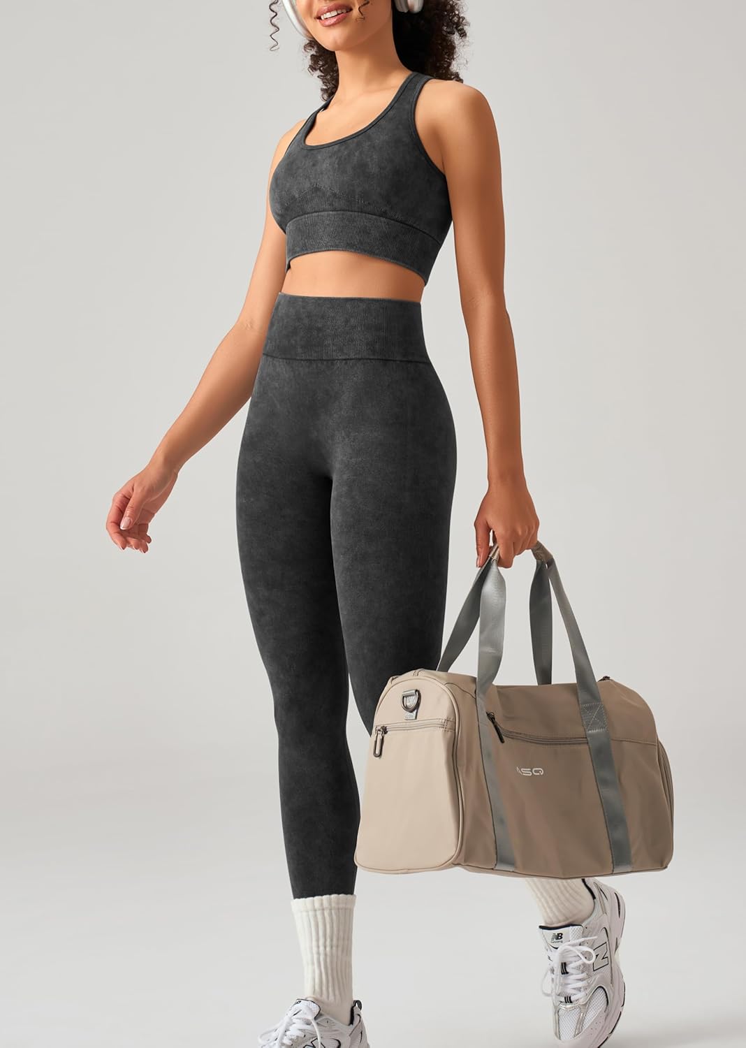 OLCHEE 女式锻炼套装 2 件套 - 酸洗无缝瑜伽服高腰打底裤加垫工字背心运动文胸健身房套装