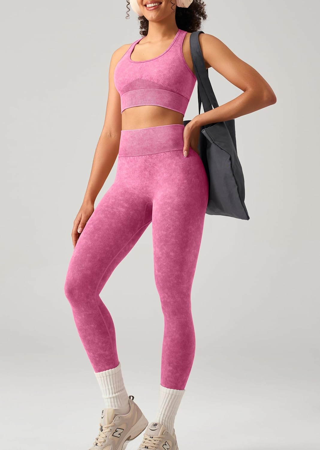 OLCHEE 女式锻炼套装 2 件套 - 酸洗无缝瑜伽服高腰打底裤加垫工字背心运动文胸健身房套装