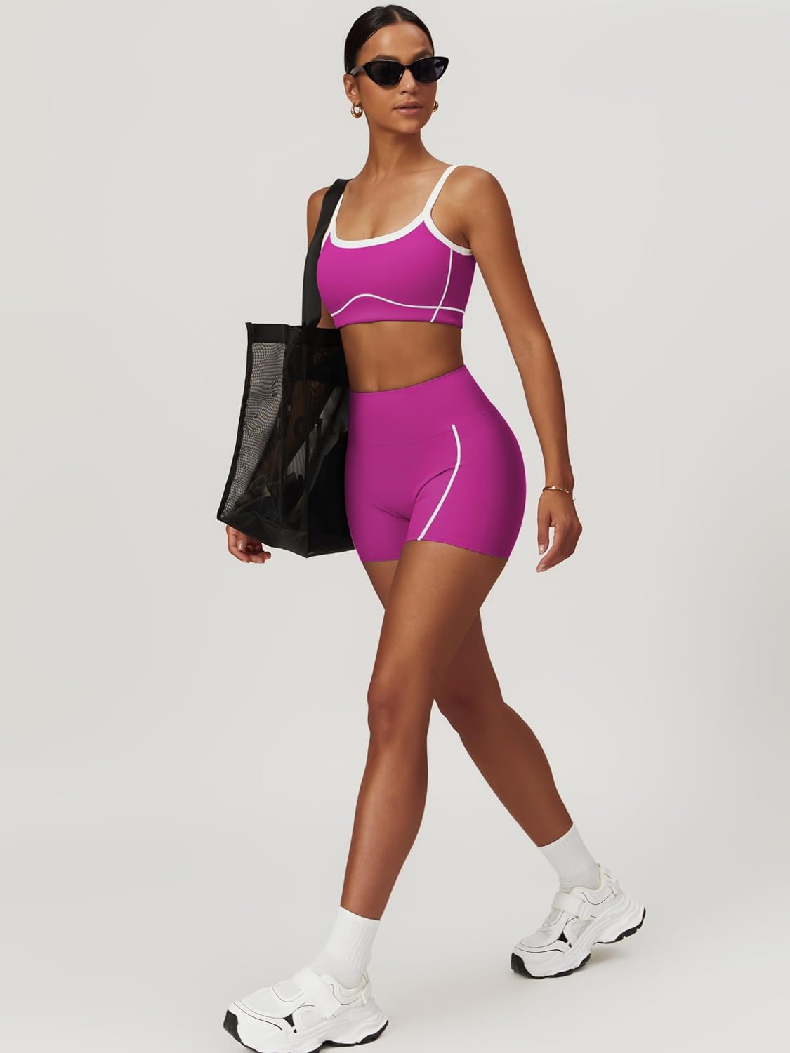 两件套女式锻炼套装拼色运动文胸和提臀短裤健身房瑜伽运动服装