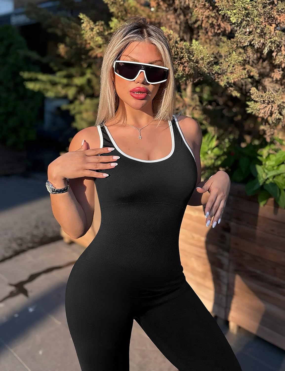 OLCHEE 女式健身连身裤无缝瑜伽健身房紧身连衫裤性感工字背心收腹加垫文胸