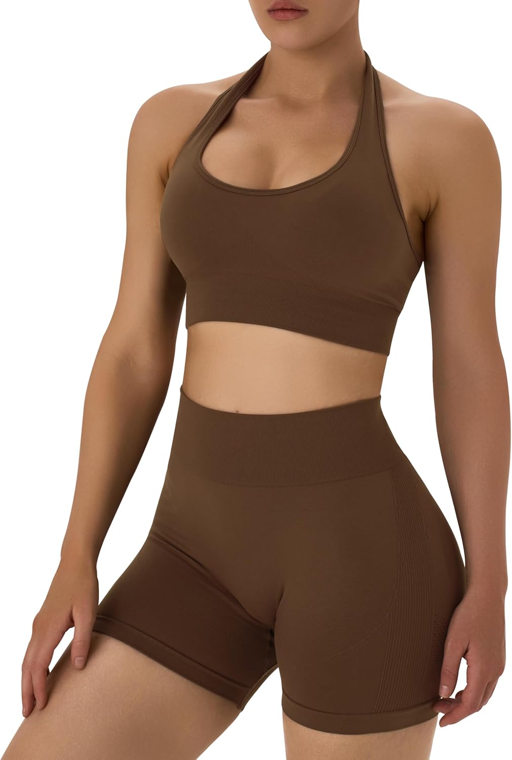 OLCHEE 女士健身套装 2 件套露背挂脖运动胸罩高腰提臀短裤瑜伽健身服休闲运动服