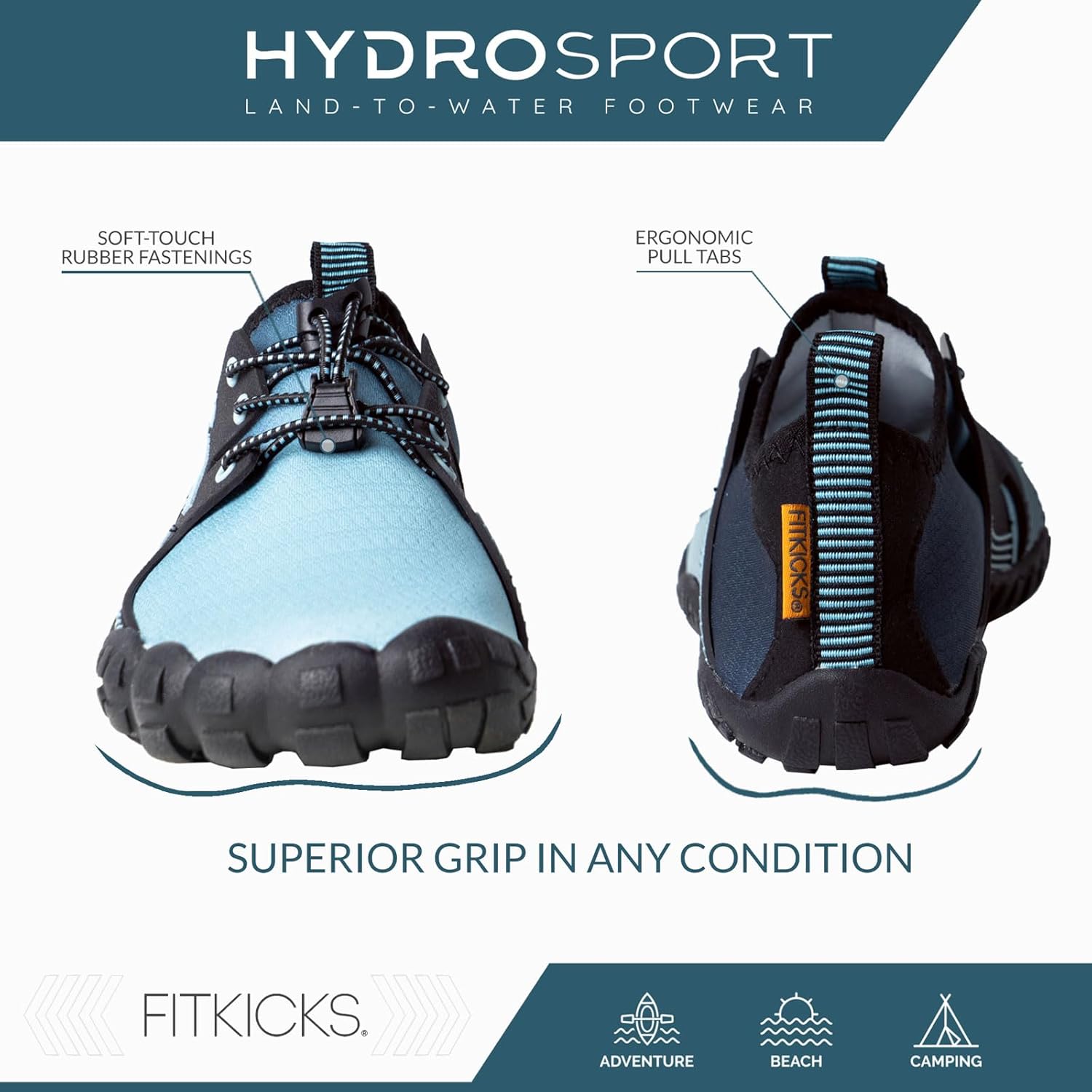 FITKICKS HydroSport 陆到水鞋,中性赤脚鞋,适合海滩、瑜伽、冲浪、露营配饰,男女皆宜的多功能赤脚鞋