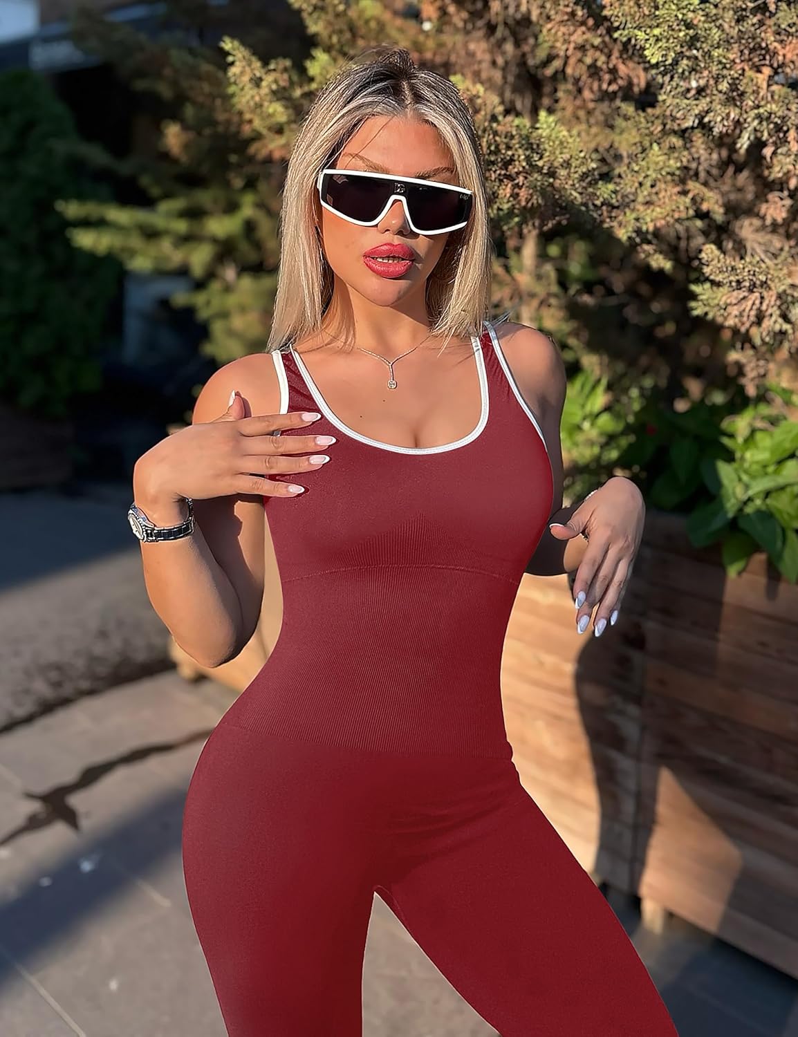 OLCHEE 女式健身连身裤无缝瑜伽健身房紧身连衫裤性感工字背心收腹加垫文胸