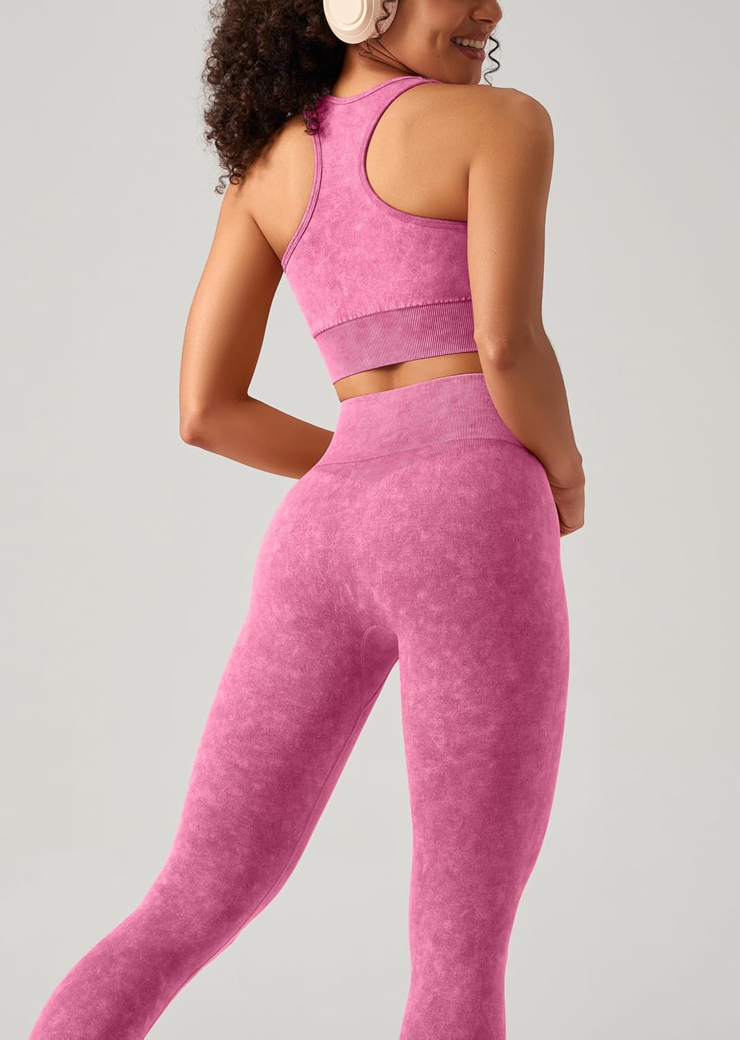 OLCHEE 女式锻炼套装 2 件套 - 酸洗无缝瑜伽服高腰打底裤加垫工字背心运动文胸健身房套装