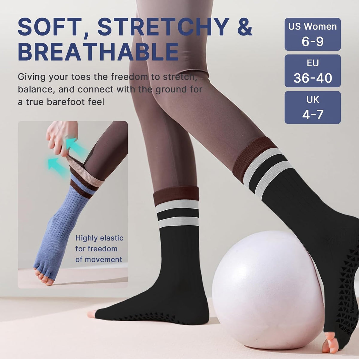 防滑普拉提瑜伽袜带抓地力女式 – 时尚水手袜,适合芭蕾舞和锻炼(尺码 5-9)