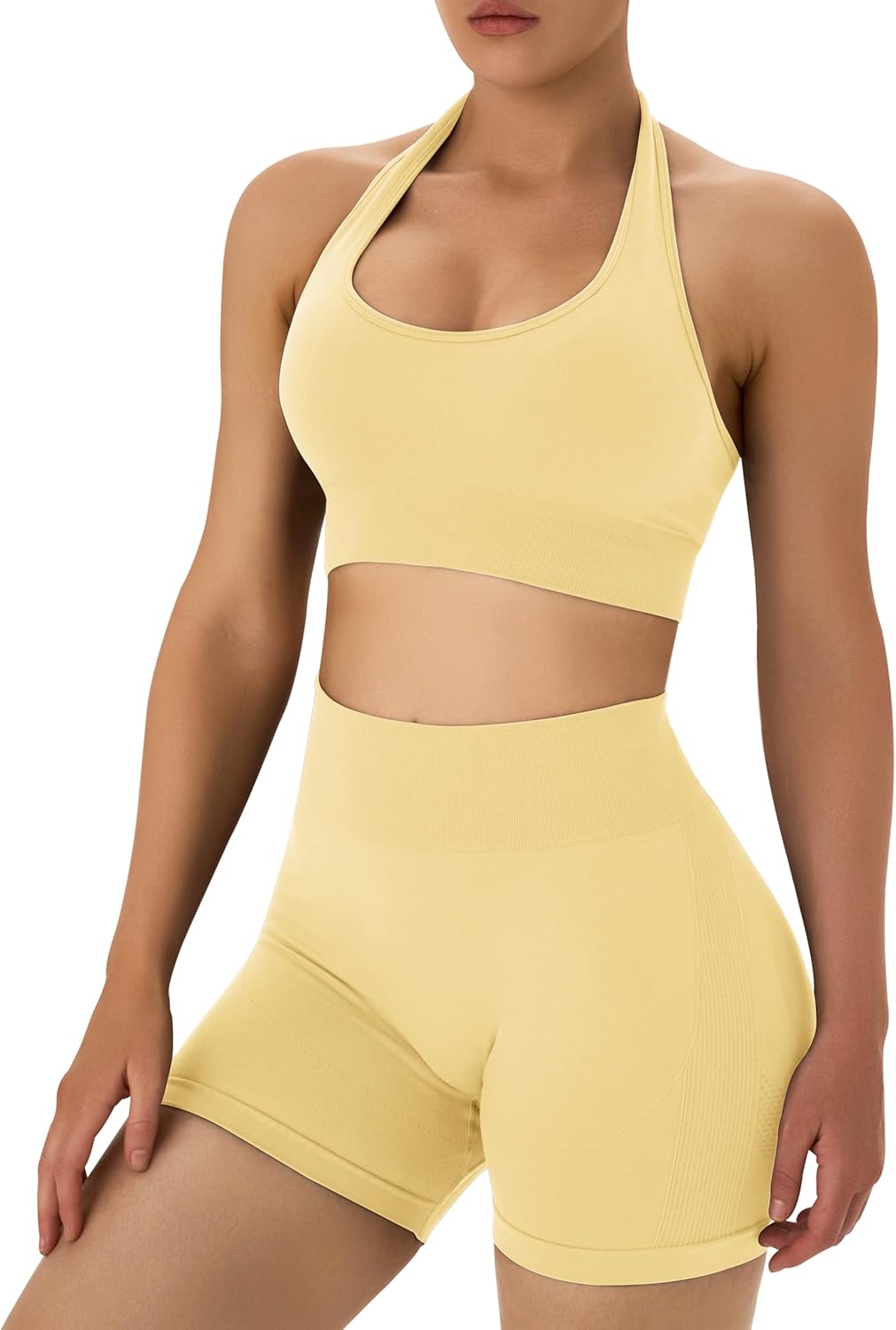 OLCHEE 女士健身套装 2 件套露背挂脖运动胸罩高腰提臀短裤瑜伽健身服休闲运动服