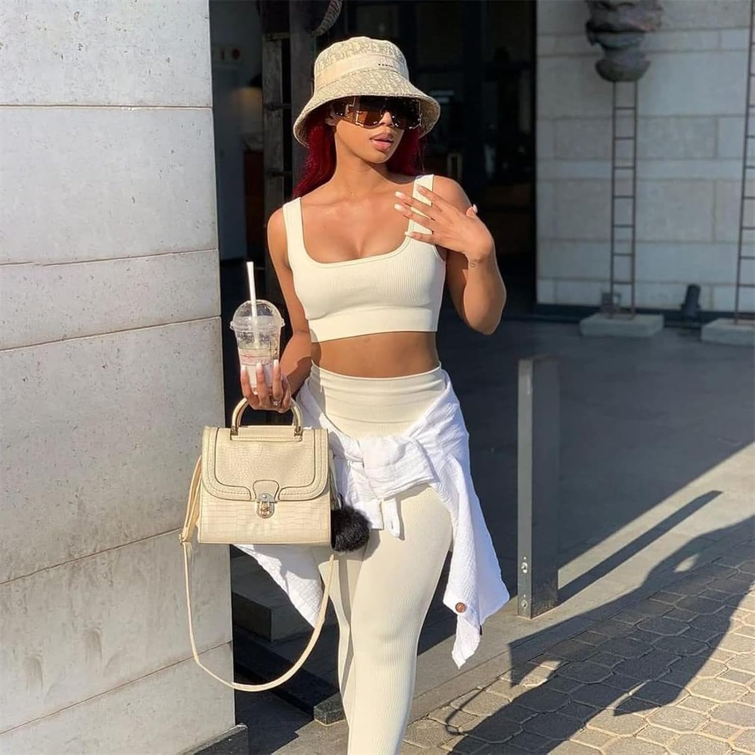 4 件套运动套装女式罗纹打底裤服装瑜伽套装运动装搭配健身普拉提服装