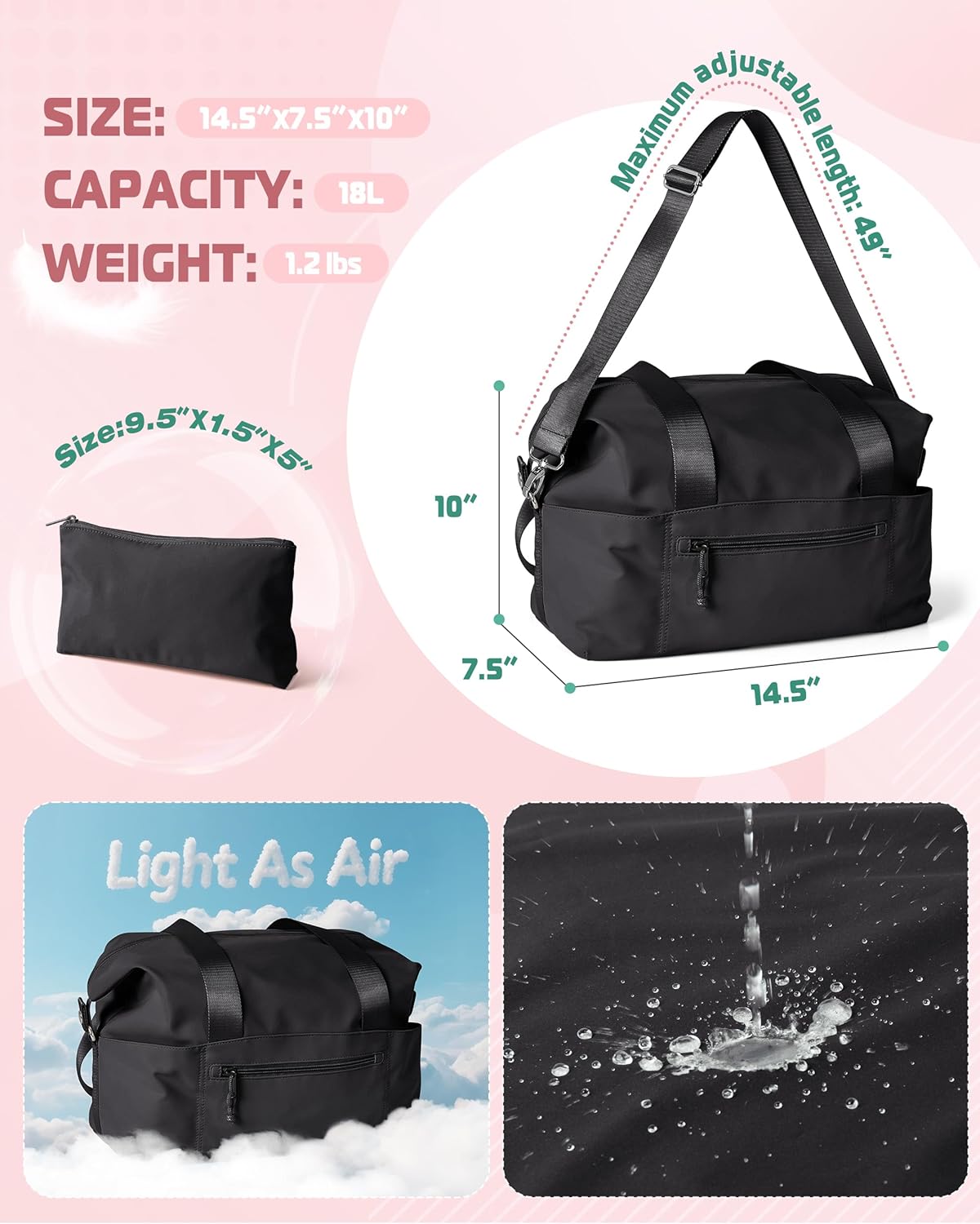 小号健身包,带瑜伽垫支架,湿口袋和一个独立袋,小号健身行李袋,带可拆卸斜挎肩带,粉色