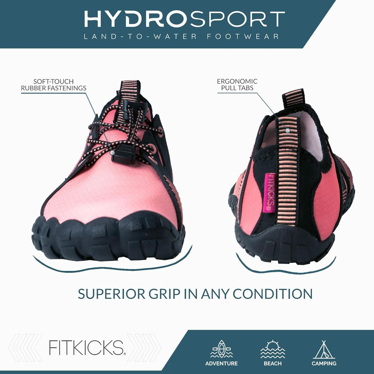 FITKICKS HydroSport 陆到水鞋,中性赤脚鞋,适合海滩、瑜伽、冲浪、露营配饰,男女皆宜的多功能赤脚鞋