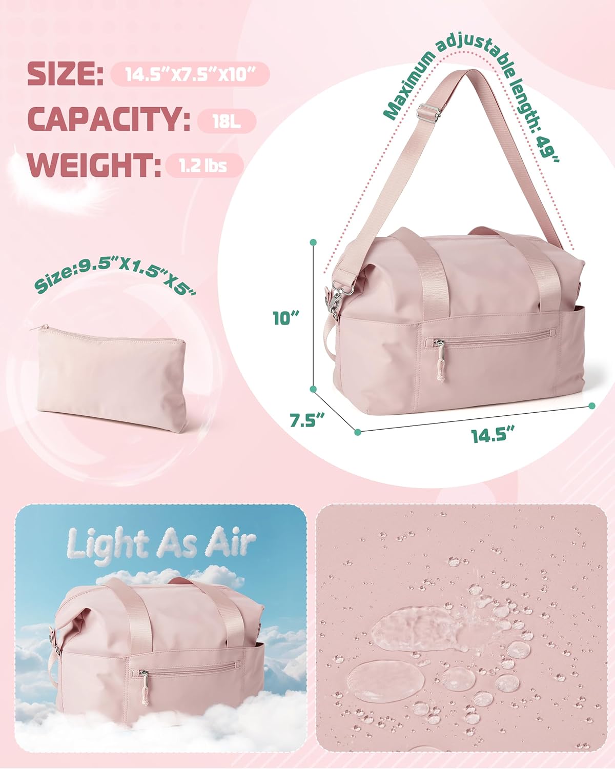 小号健身包,带瑜伽垫支架,湿口袋和一个独立袋,小号健身行李袋,带可拆卸斜挎肩带,粉色