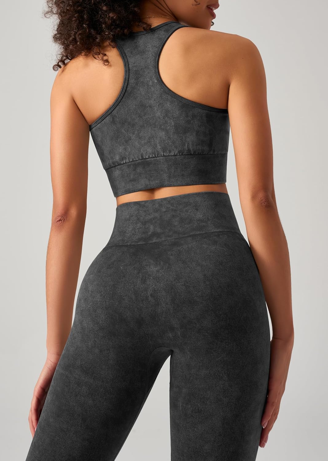 OLCHEE 女式锻炼套装 2 件套 - 酸洗无缝瑜伽服高腰打底裤加垫工字背心运动文胸健身房套装