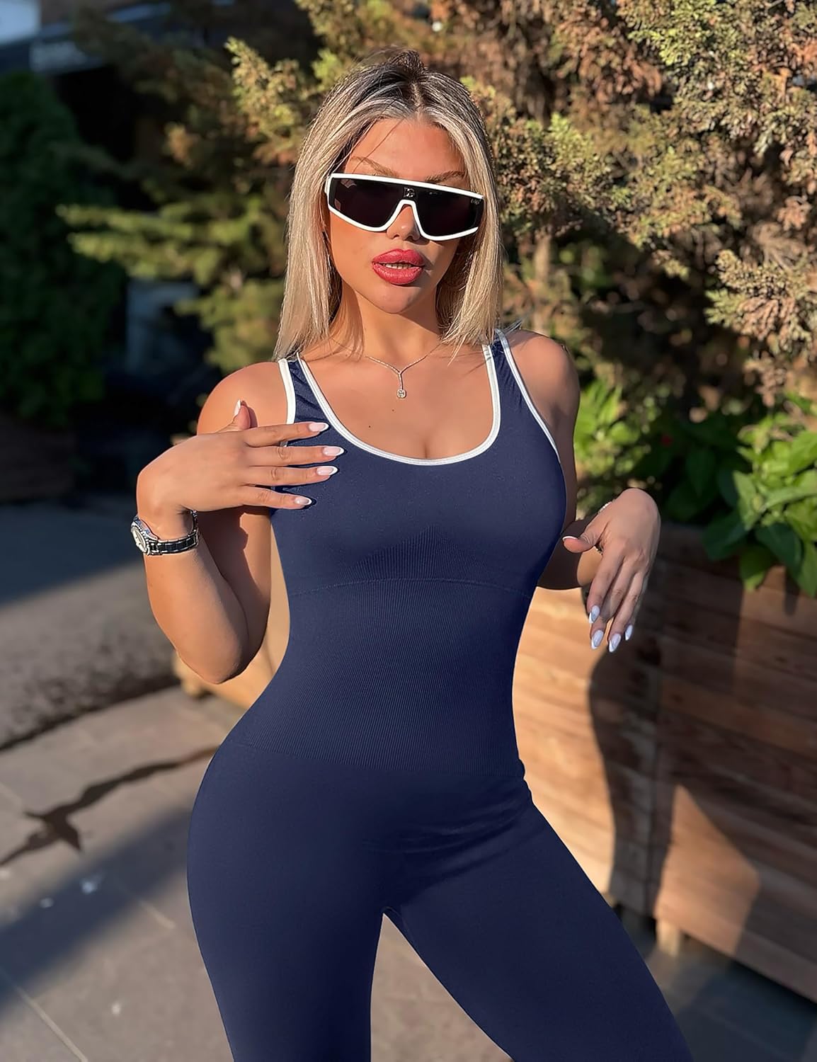 OLCHEE 女式健身连身裤无缝瑜伽健身房紧身连衫裤性感工字背心收腹加垫文胸