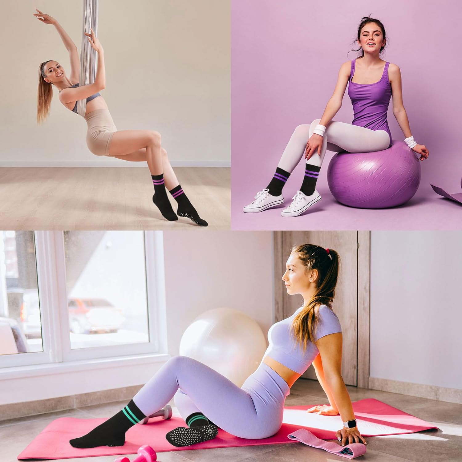 Toes Home 女式普拉提袜带防滑抓手,瑜伽船员袜适用于巴雷医院粘性拖鞋袜 4 双装