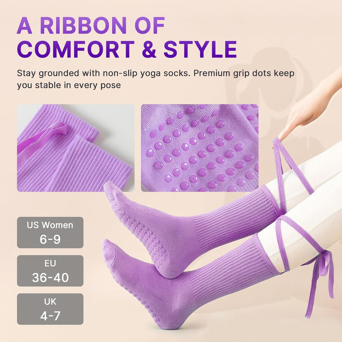 防滑普拉提瑜伽袜带抓地力女式 – 时尚水手袜,适合芭蕾舞和锻炼(尺码 5-9)