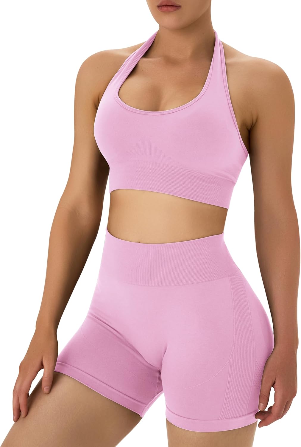 OLCHEE 女士健身套装 2 件套露背挂脖运动胸罩高腰提臀短裤瑜伽健身服休闲运动服