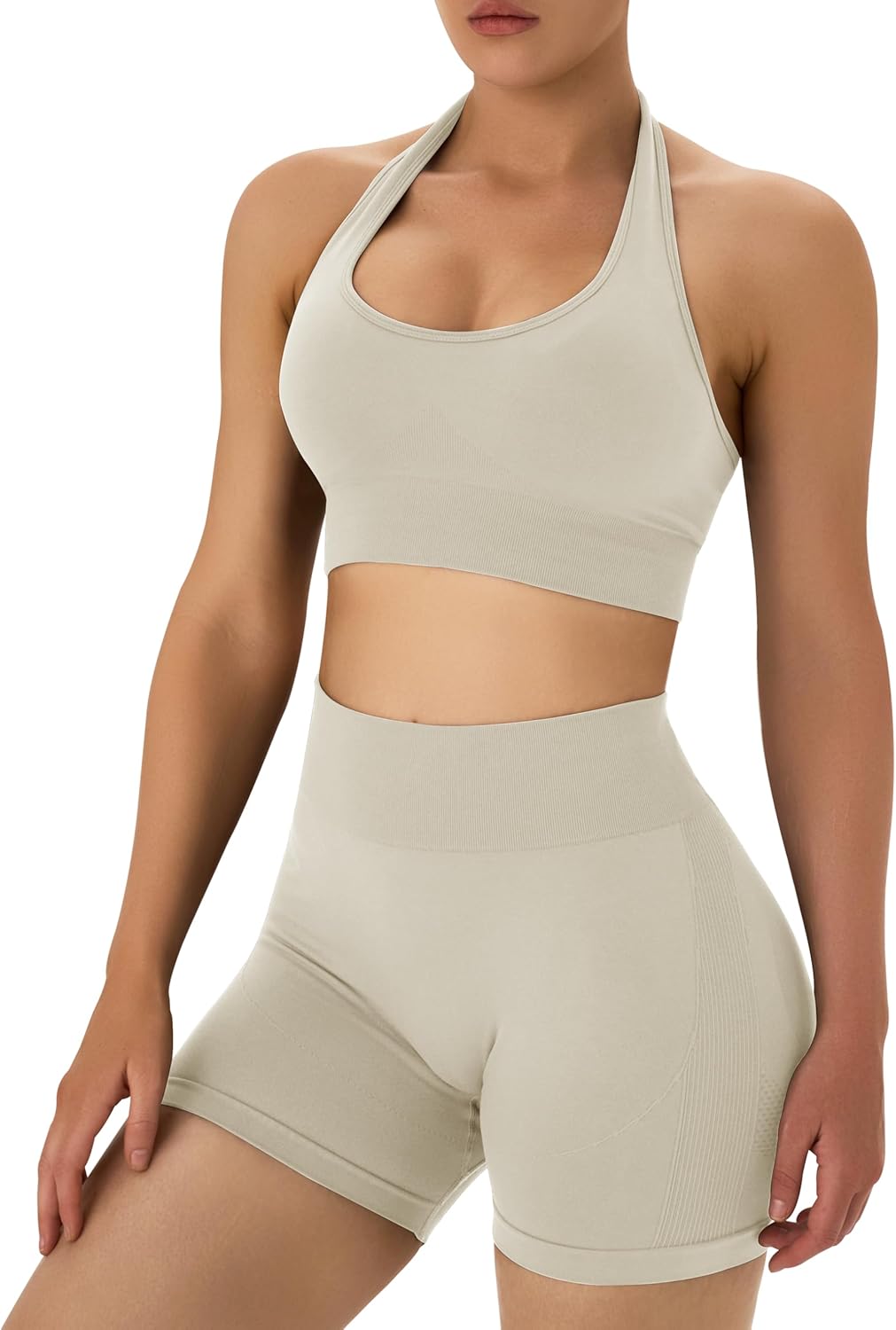 OLCHEE 女士健身套装 2 件套露背挂脖运动胸罩高腰提臀短裤瑜伽健身服休闲运动服