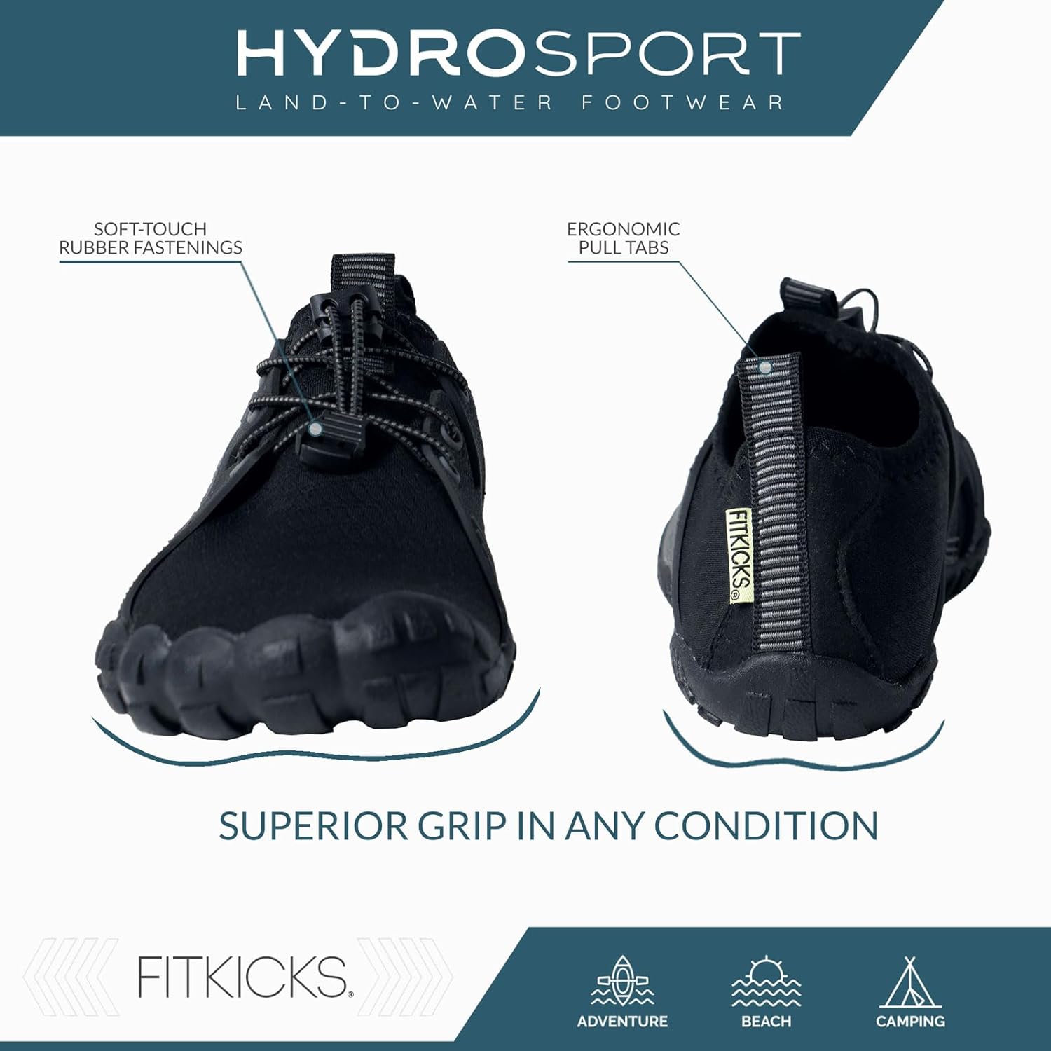 FITKICKS HydroSport 陆到水鞋,中性赤脚鞋,适合海滩、瑜伽、冲浪、露营配饰,男女皆宜的多功能赤脚鞋