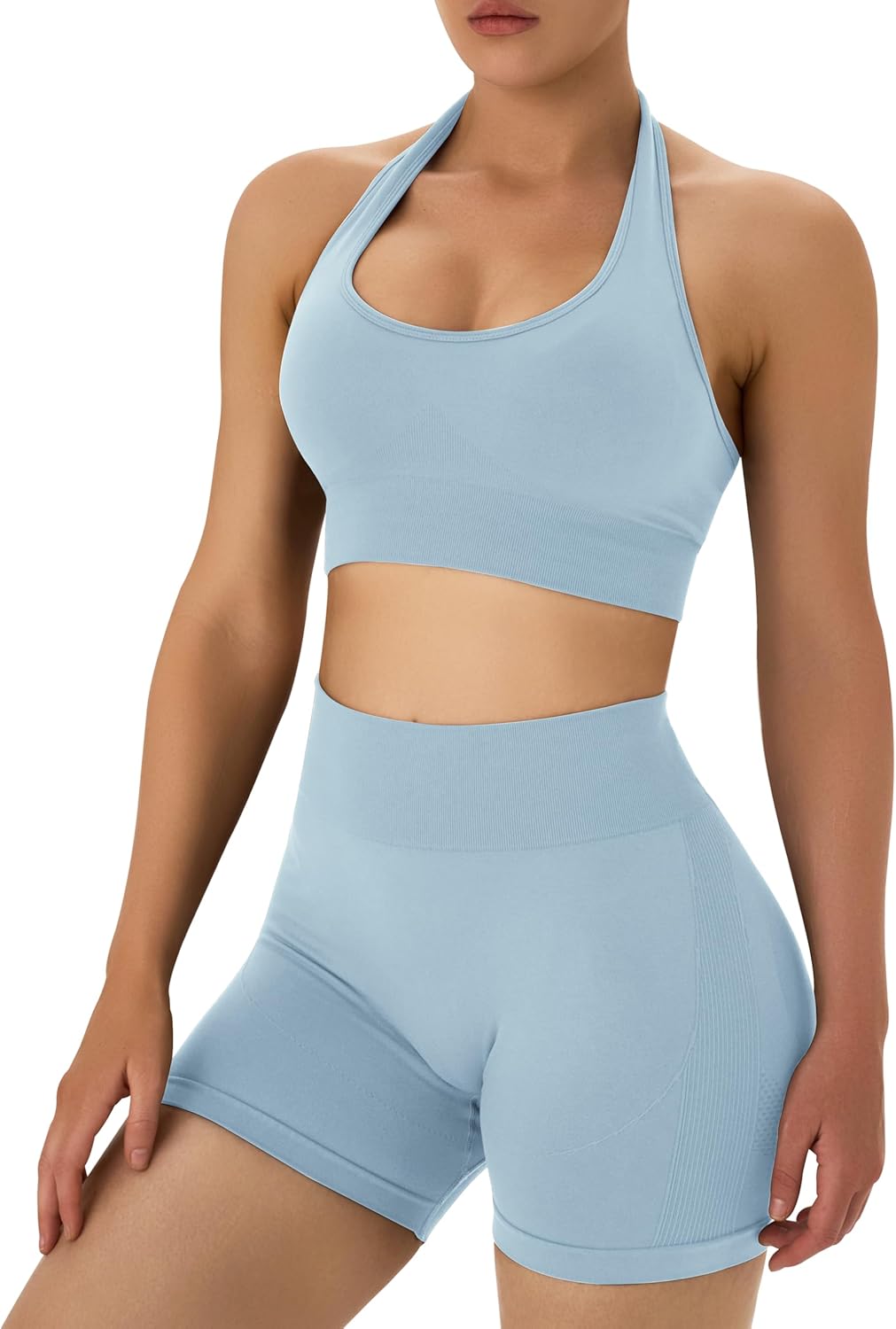 OLCHEE 女士健身套装 2 件套露背挂脖运动胸罩高腰提臀短裤瑜伽健身服休闲运动服