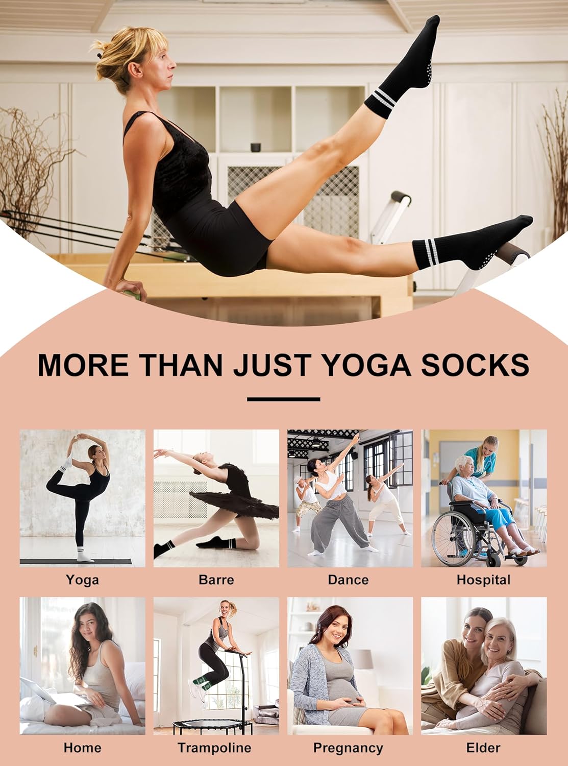 Toes Home 女式普拉提袜带防滑抓手,瑜伽船员袜适用于巴雷医院粘性拖鞋袜 4 双装