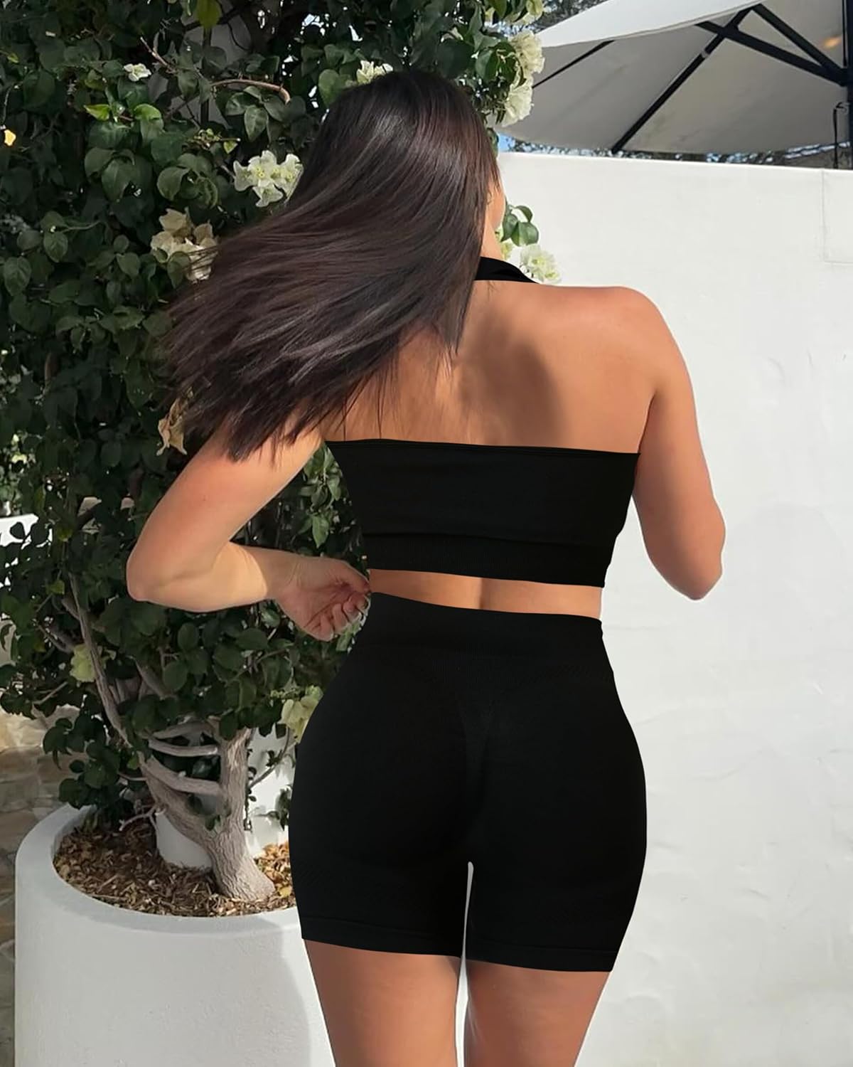 OLCHEE 女士健身套装 2 件套露背挂脖运动胸罩高腰提臀短裤瑜伽健身服休闲运动服