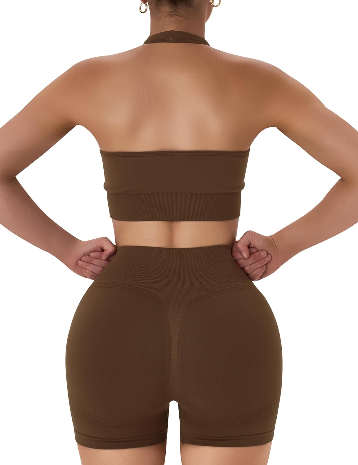 OLCHEE 女士健身套装 2 件套露背挂脖运动胸罩高腰提臀短裤瑜伽健身服休闲运动服