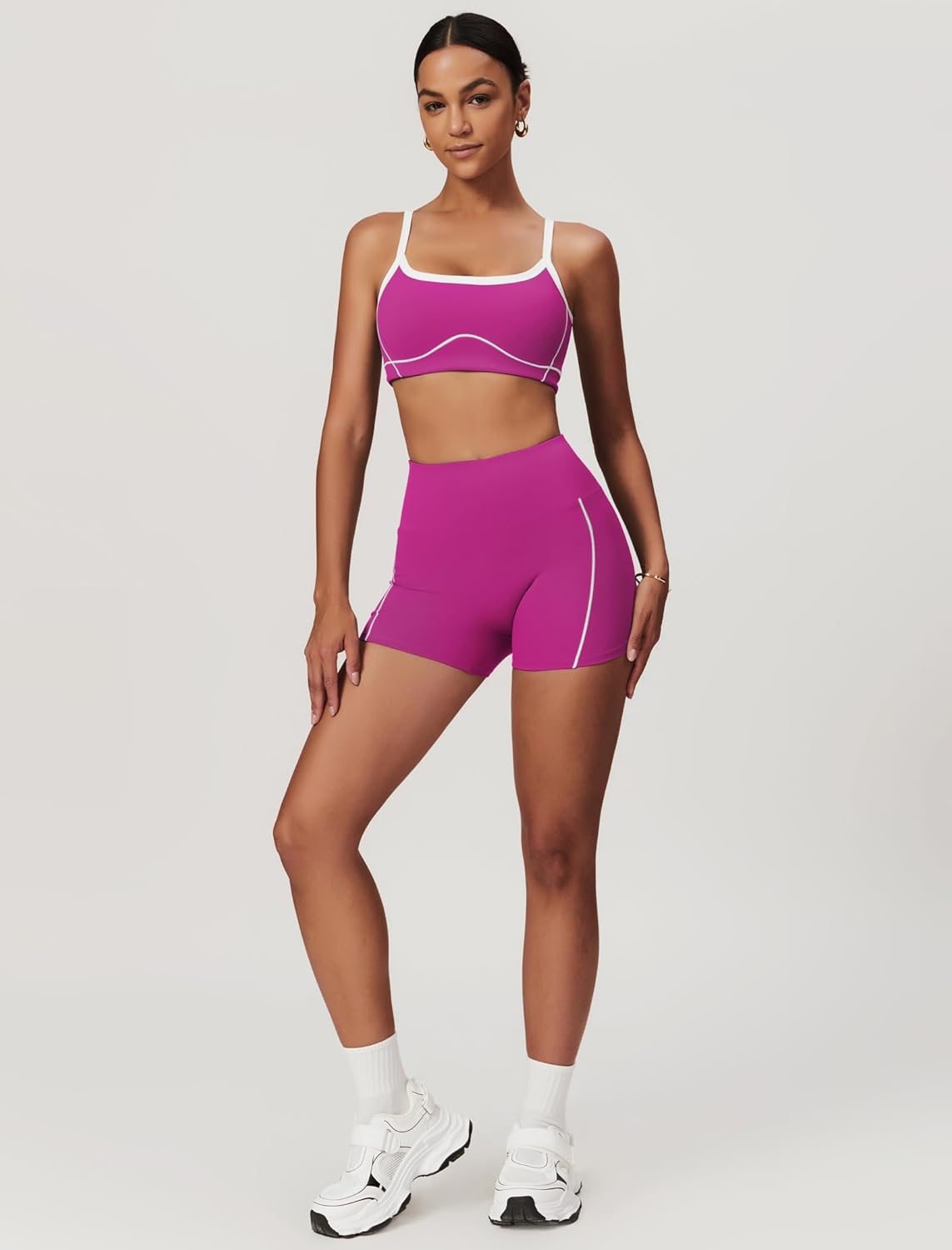 两件套女式锻炼套装拼色运动文胸和提臀短裤健身房瑜伽运动服装