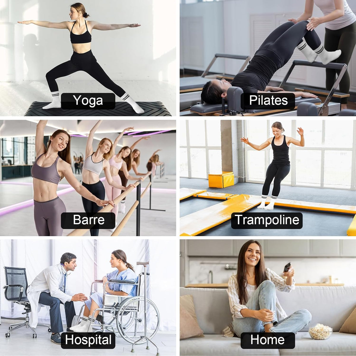 Toes Home 女式普拉提袜带防滑抓手,瑜伽船员袜适用于巴雷医院粘性拖鞋袜 4 双装