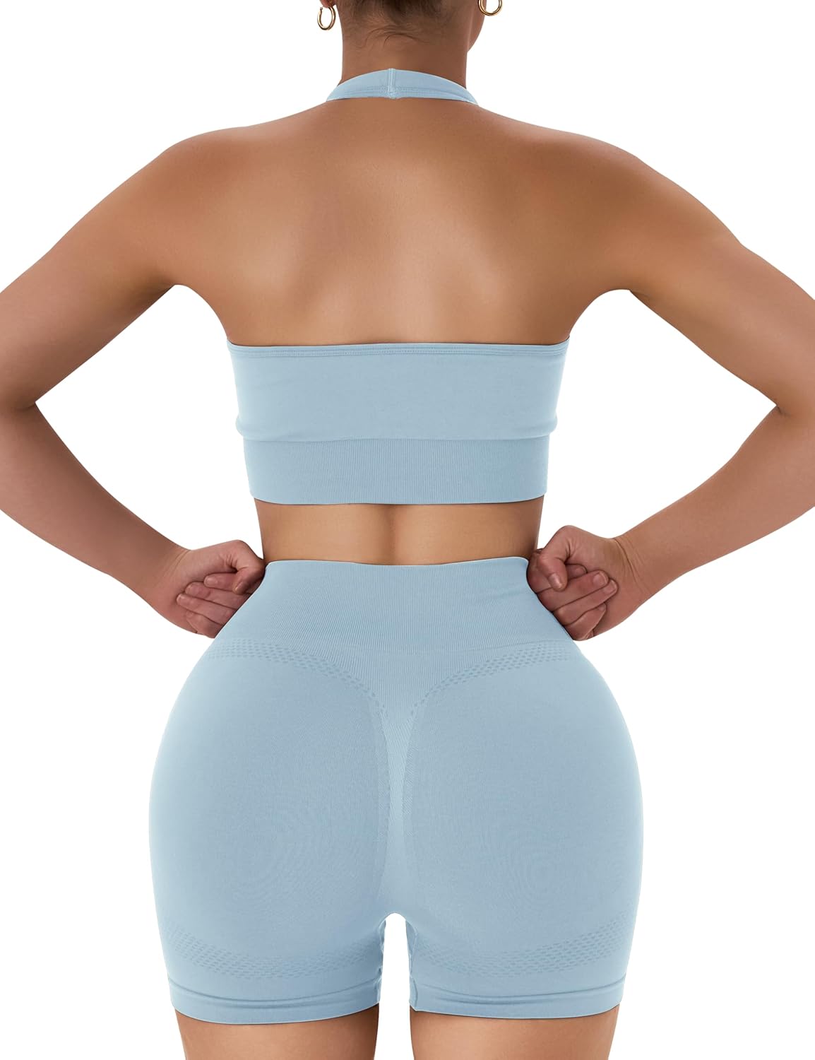 OLCHEE 女士健身套装 2 件套露背挂脖运动胸罩高腰提臀短裤瑜伽健身服休闲运动服