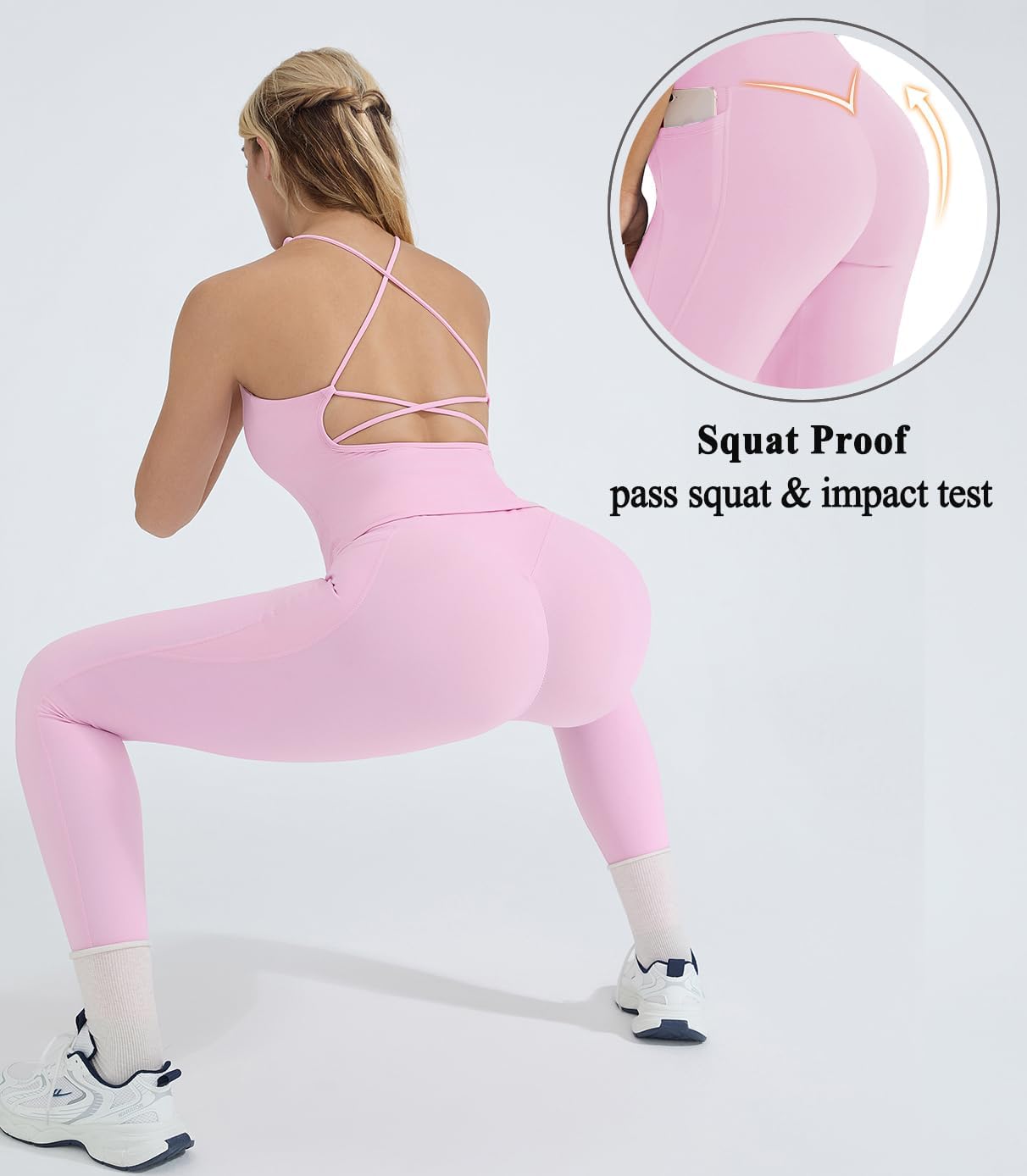 OMKAGI 2 件套女士健身套装,加垫健身上衣,带口袋,健身套装