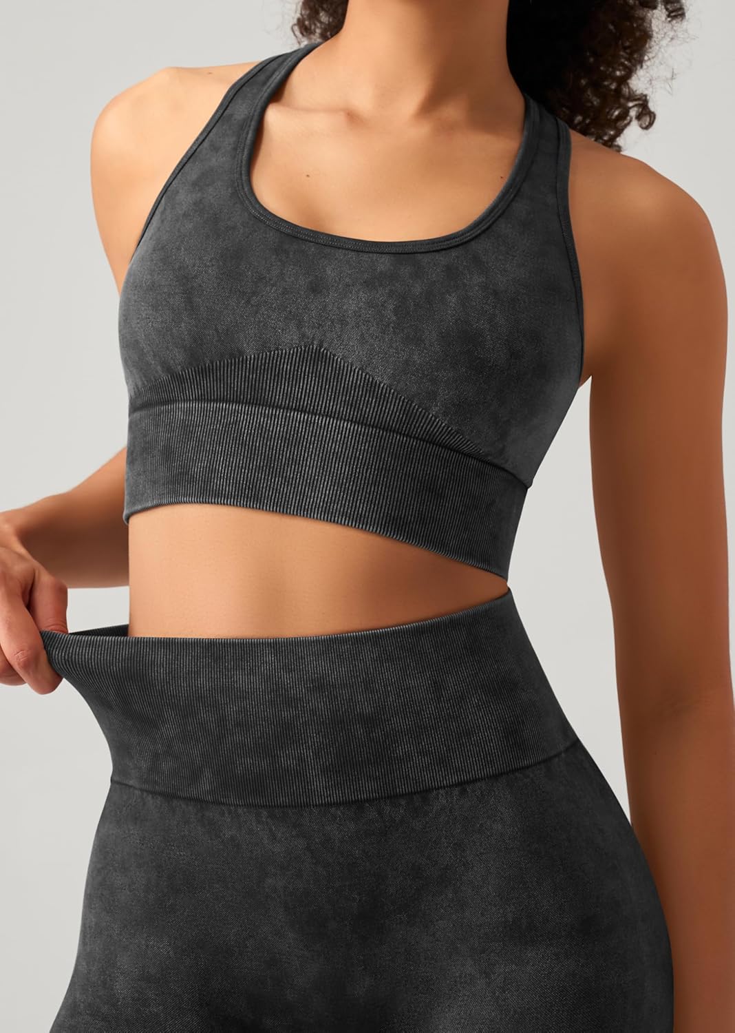 OLCHEE 女式锻炼套装 2 件套 - 酸洗无缝瑜伽服高腰打底裤加垫工字背心运动文胸健身房套装