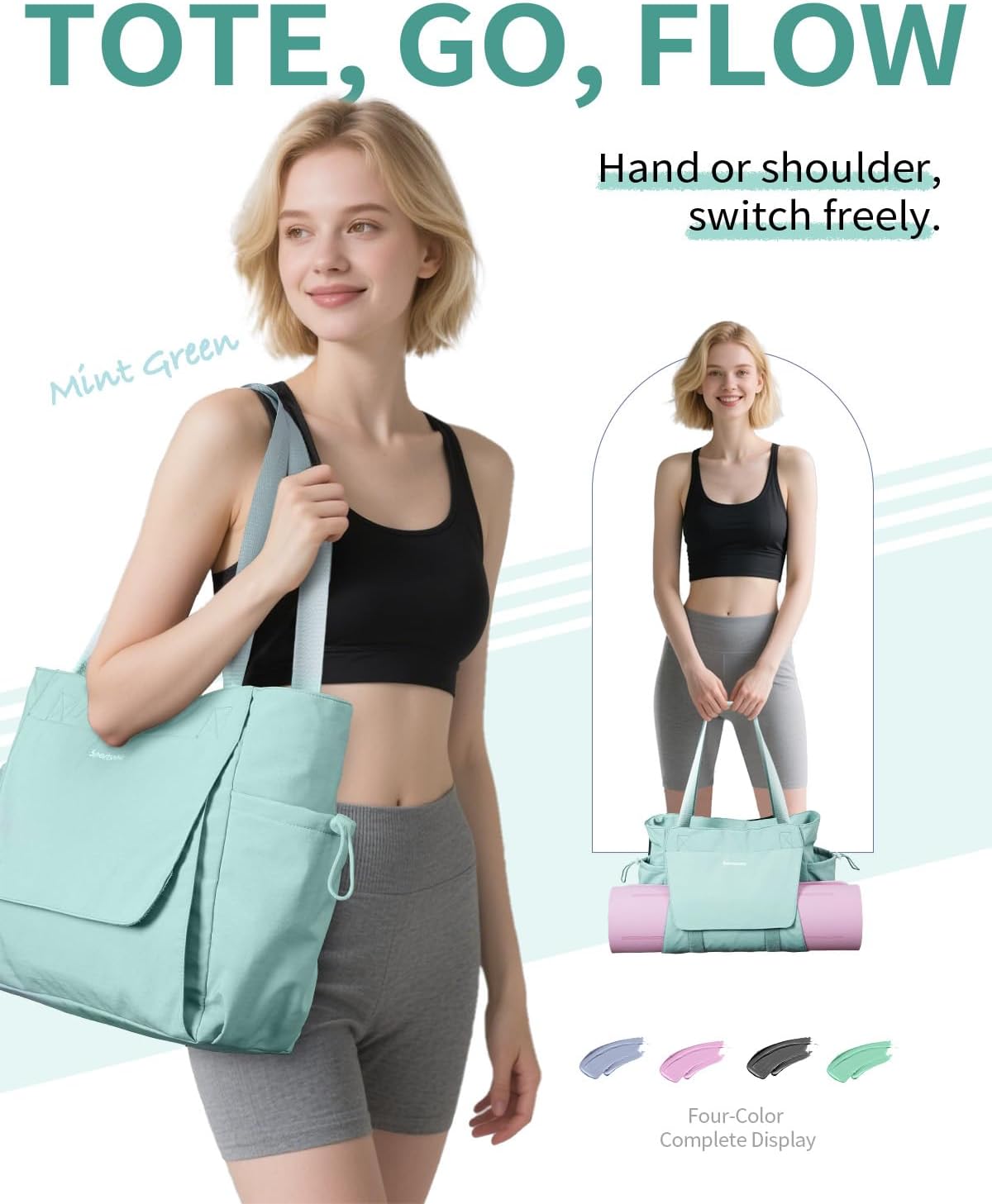 sportsnew 瑜伽垫包手提包瑜伽健身包男女防水湿口袋和钩环,快速取用存储瑜伽垫包