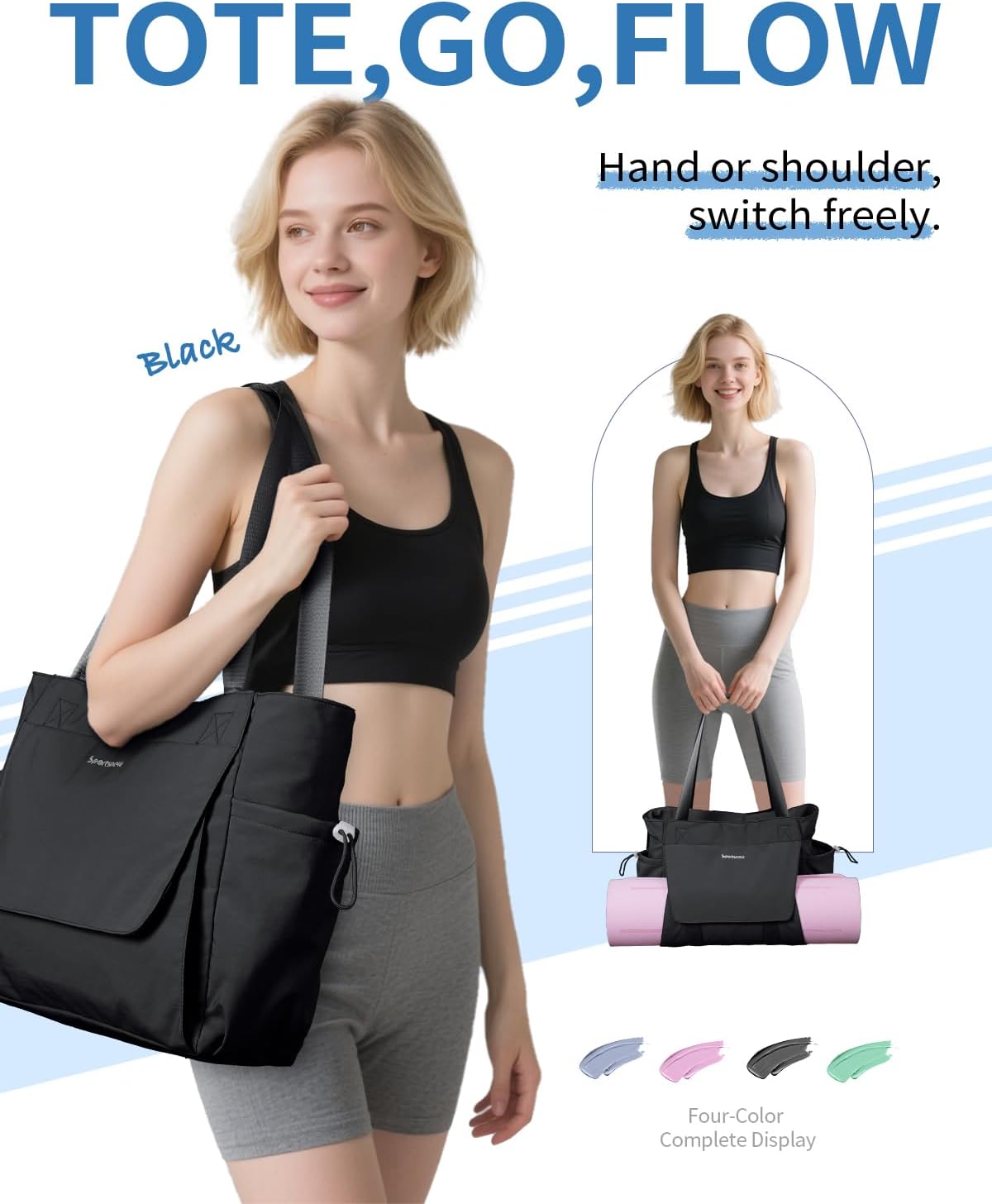 sportsnew 瑜伽垫包手提包瑜伽健身包男女防水湿口袋和钩环,快速取用存储瑜伽垫包