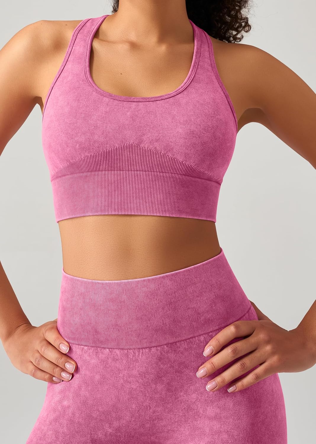 OLCHEE 女式锻炼套装 2 件套 - 酸洗无缝瑜伽服高腰打底裤加垫工字背心运动文胸健身房套装